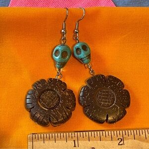 Day of the Dead Turquoise Skull  and Brown Wooden Flower  Pierced Earrings NWOT
